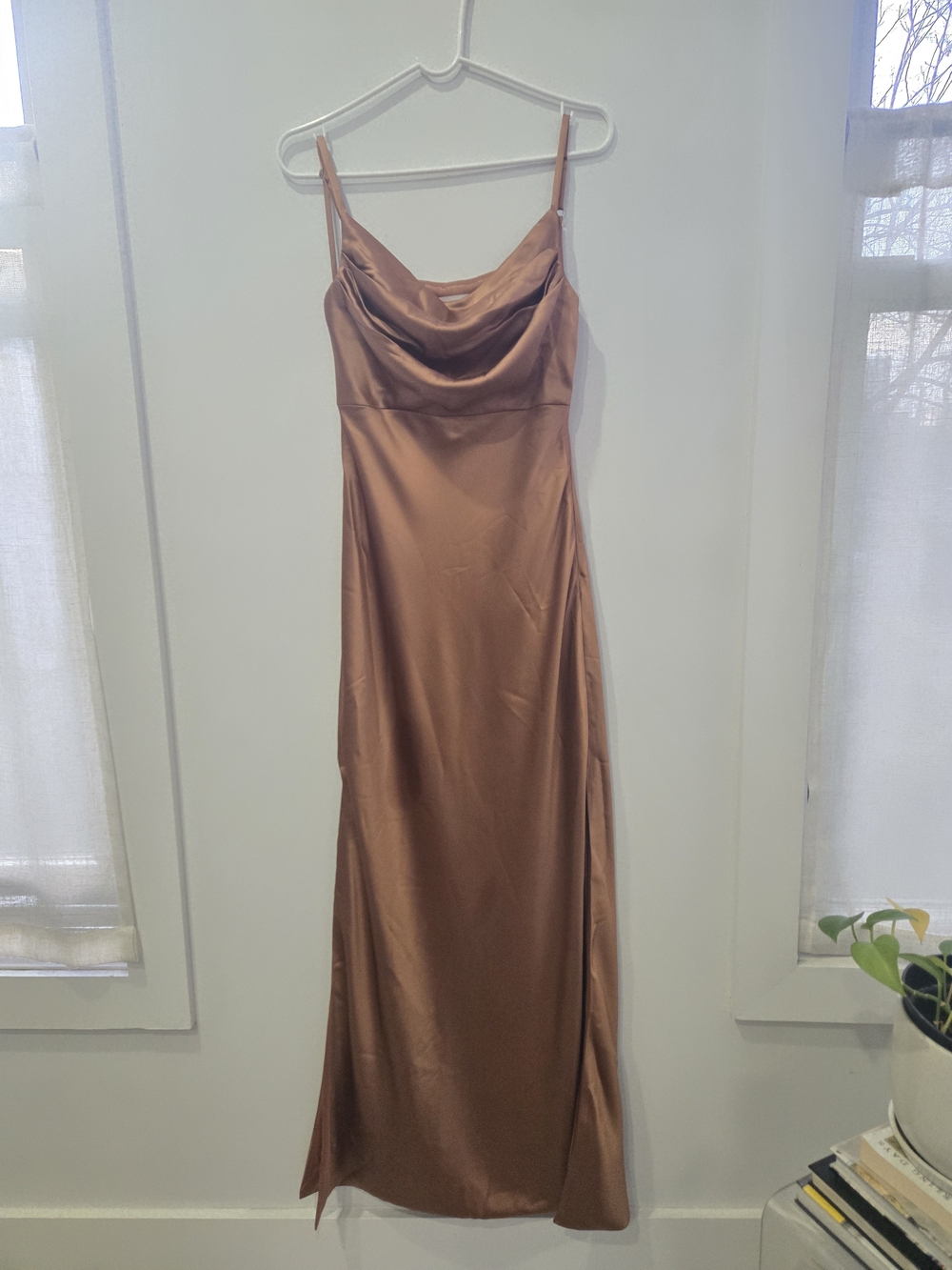 Revelry Satin Cowl Maxi Dress in Copper Rose